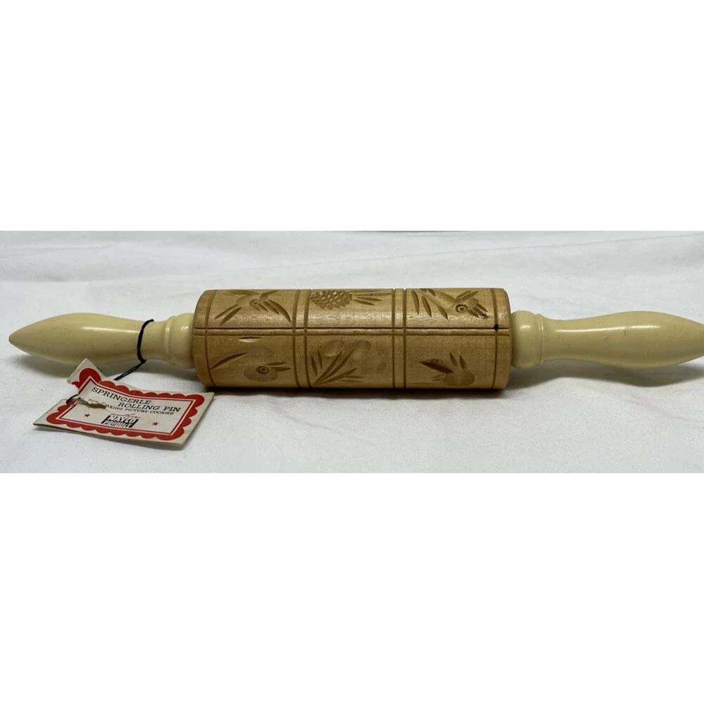 Vintage Carved Wooden Dough Rolling Pin Press for Springerle Cookies 14Lx2